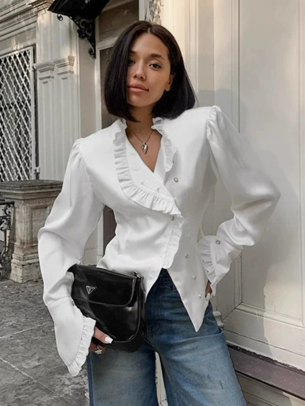 Forever 21 Satin Ruffle Blouse Spring Fitted White Lace Top
